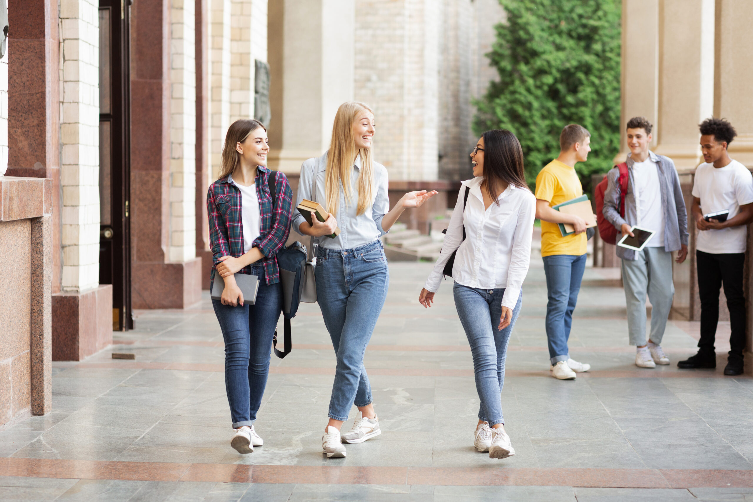 happy,students,walking,in,university,hall,during,break,and,communicating